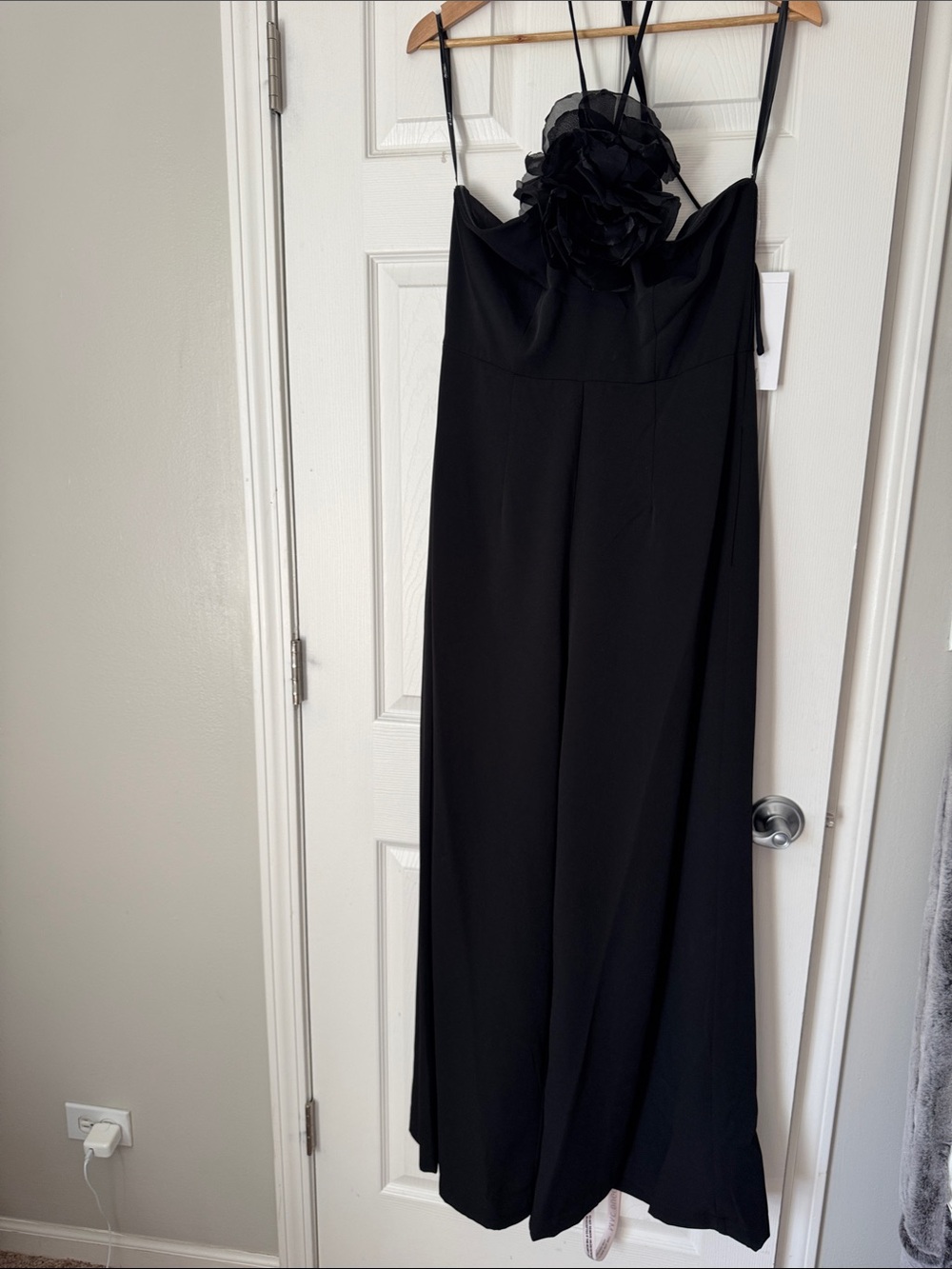 Mac Duggal Black Spaghetti-Strap Wide-Leg Jumpsuit with Floral Applique